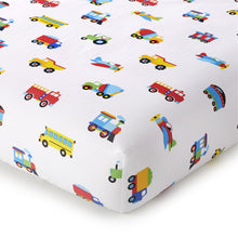 Load image into Gallery viewer, Trains Planes & Trucks 100% Organic Cotton Flannel Fitted Crib Sheet