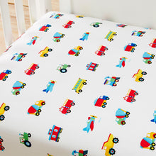 Load image into Gallery viewer, Trains Planes & Trucks 100% Organic Cotton Flannel Fitted Crib Sheet