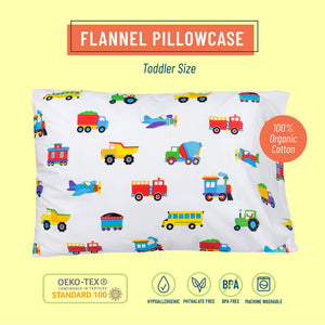 Trains Planes & Trucks 100% Organic Cotton Flannel Toddler Pillow Case