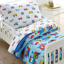 Load image into Gallery viewer, Trains Planes &amp; Trucks 100% Organic Cotton Flannel Toddler Pillow Case
