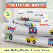 Load image into Gallery viewer, Trains Planes & Trucks 100% Organic Cotton Flannel Sheet Set