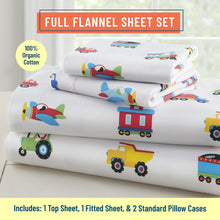 Load image into Gallery viewer, Trains Planes & Trucks 100% Organic Cotton Flannel Sheet Set