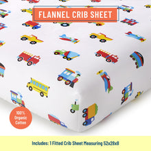 Load image into Gallery viewer, Trains Planes &amp; Trucks 100% Organic Cotton Flannel Fitted Crib Sheet
