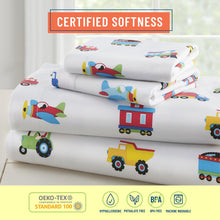 Load image into Gallery viewer, Trains Planes &amp; Trucks 100% Organic Cotton Flannel Fitted Crib Sheet
