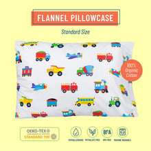 Load image into Gallery viewer, Trains Planes &amp; Trucks 100% Organic Cotton Flannel Pillow Case
