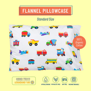 Trains Planes & Trucks 100% Organic Cotton Flannel Pillow Case