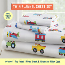 Load image into Gallery viewer, Trains Planes &amp; Trucks 100% Organic Cotton Flannel Sheet Set
