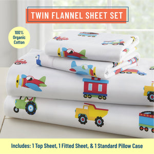 Trains Planes & Trucks 100% Organic Cotton Flannel Sheet Set