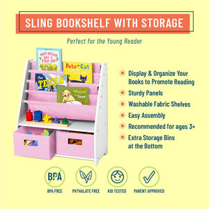 White Sling Bookshelf with Storage Totes